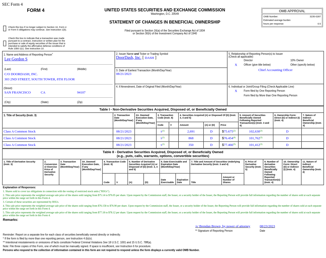 DoorDash(DASH.US)首席会计官售出3,909股普通股股份，价值约为29.71万美元